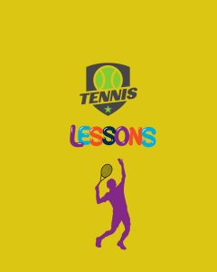 An image with the wording tennis lessons and a person with a racquet