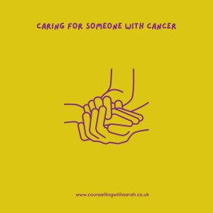 Text - Caring with someone with cancer
Picture shows someone holding their hands over someone elses hands.